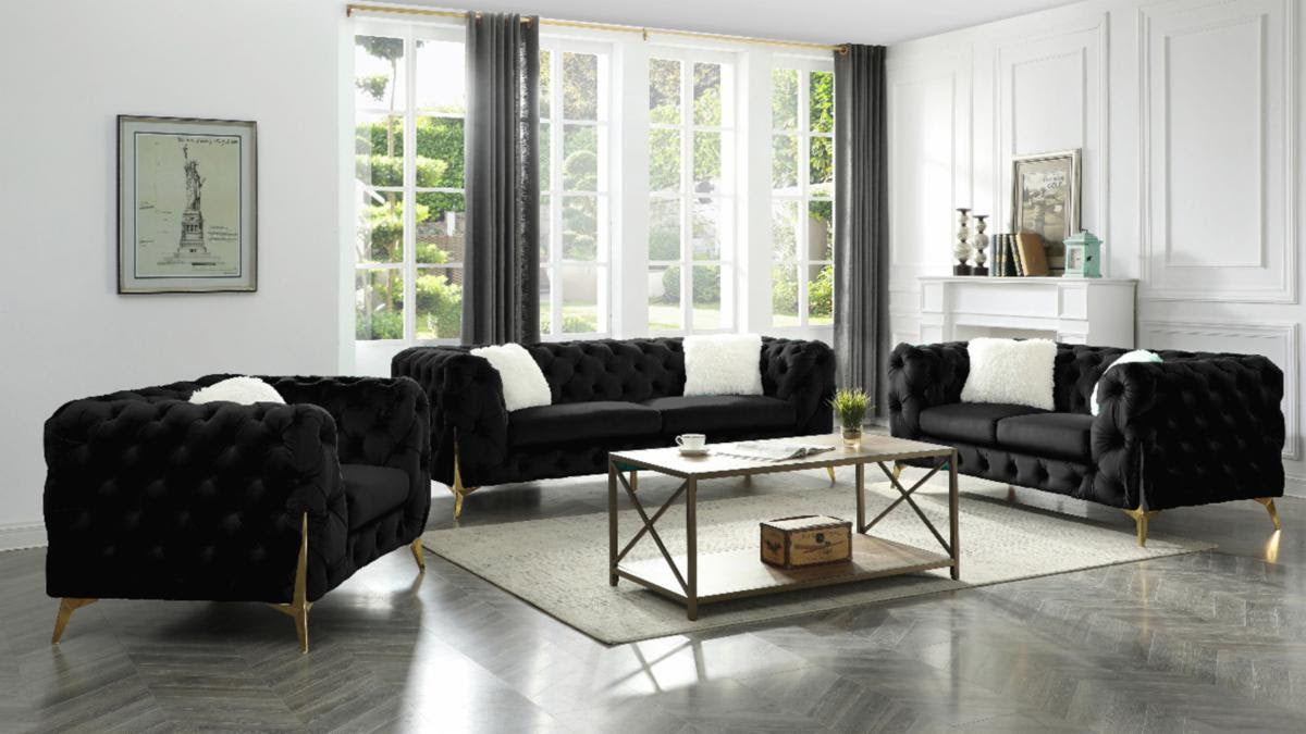 (BO ROLA BLACK SLC)- VELVET FABRIC- BUTTON TUFTED- SOFA + LOVESEAT + CHAIR- TEXT OR WHATSAPP 416 319 8851 FOR STOCK AVAILABILITY BEFORE PAYING
