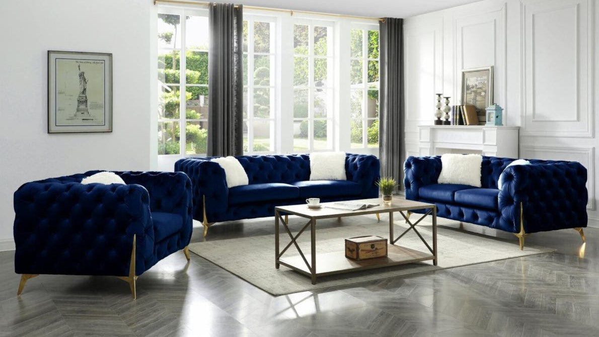 (BO ROLA BLUE SLC)- VELVET FABRIC- BUTTON TUFTED- SOFA + LOVESEAT + CHAIR- TEXT OR WHATSAPP 416 319 8851 FOR STOCK AVAILABILITY BEFORE PAYING