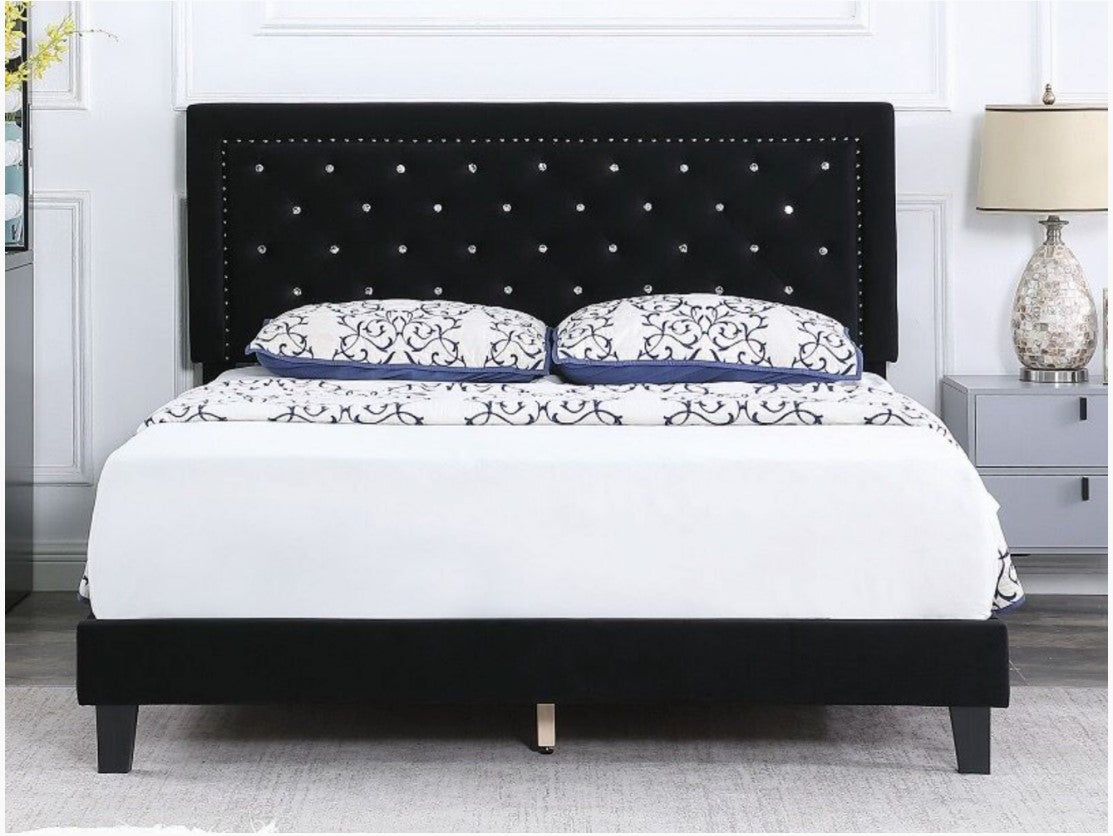 DOUBLE (FULL) SIZE- (SOLO BLACK)- CRTYSTAL TUFTED- VELVET FABRIC BED FRAME- WITH SLATS