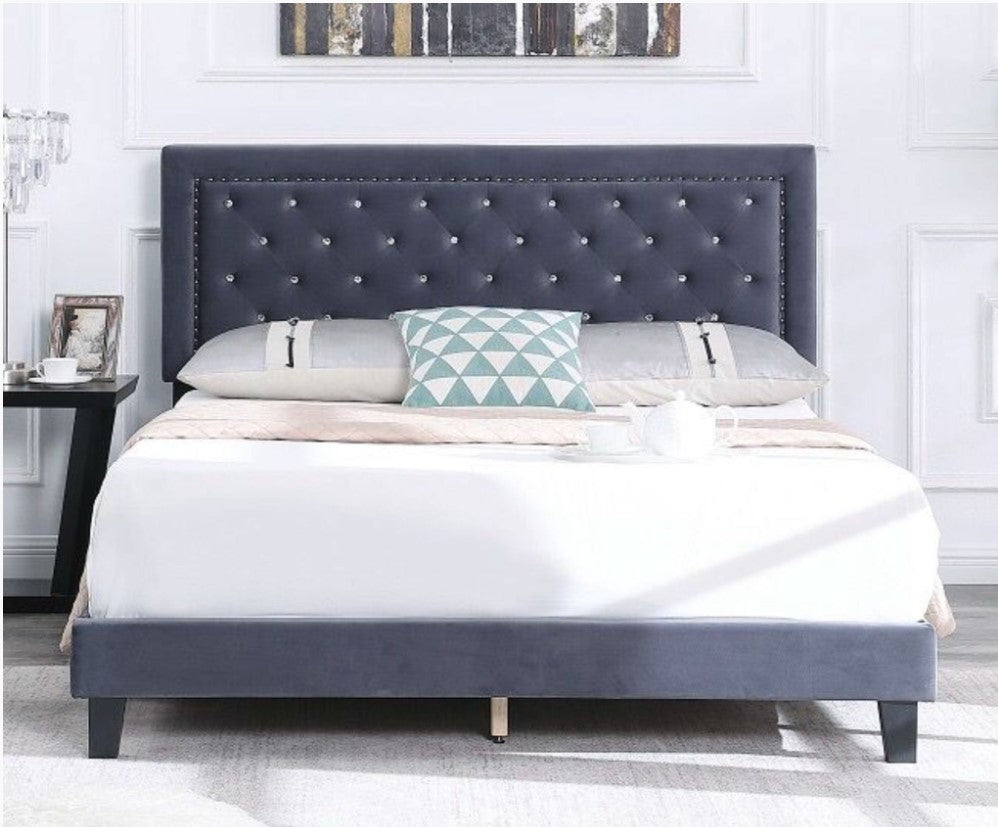 DOUBLE (FULL) SIZE- (SOLO GREY)- CRTYSTAL TUFTED- VELVET FABRIC BED FRAME- WITH SLATS