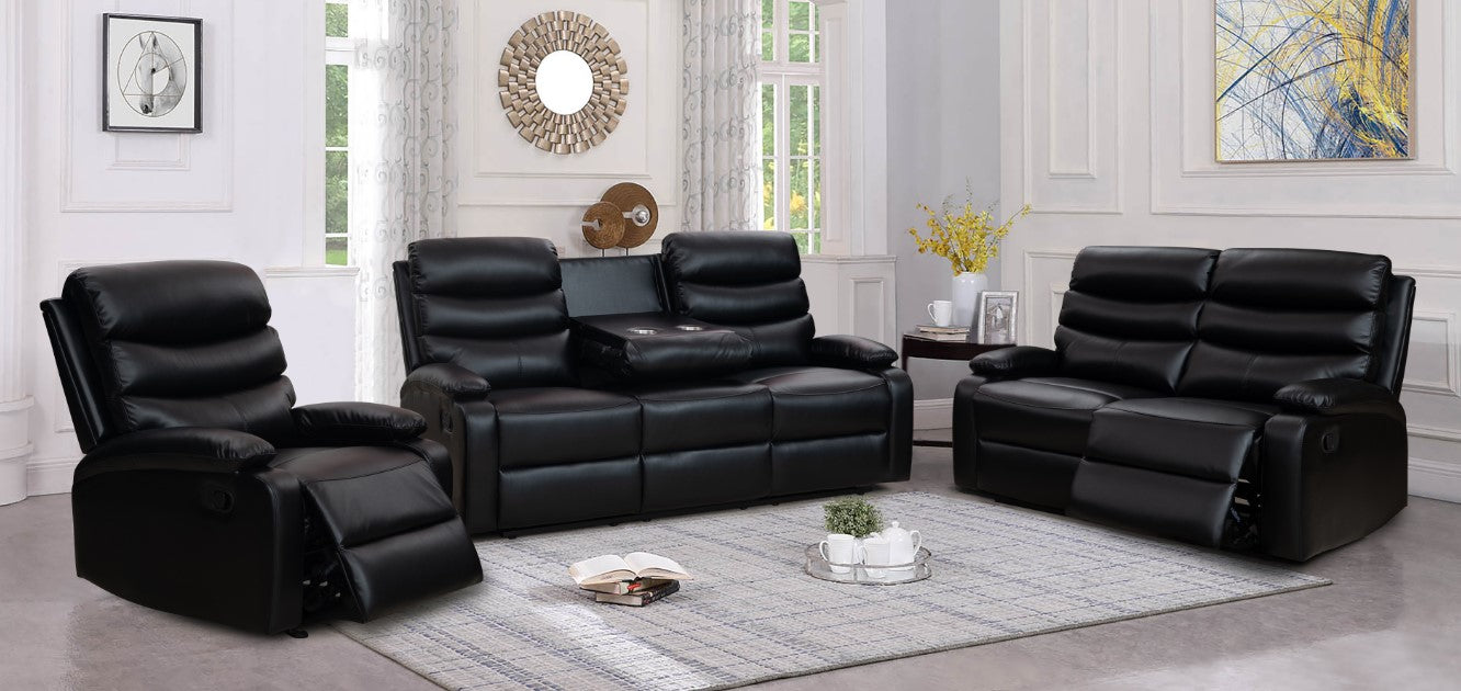 (OLIVER BLACK SLC)- LEATHER MANUAL RECLINER 3 PC. SOFA SET- TEXT OR WHATSAPP 416 319 8851 FOR STOCK AVAILABILITY BEFORE PAYING
