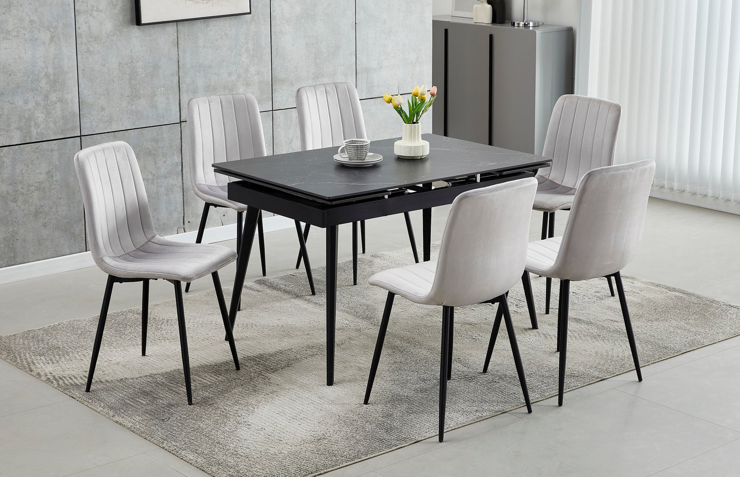(1472- 1473 GREY- 7)- EXTENSION SINTERED STONE DINING TABLE WITH 6 VELVET CHAIRS