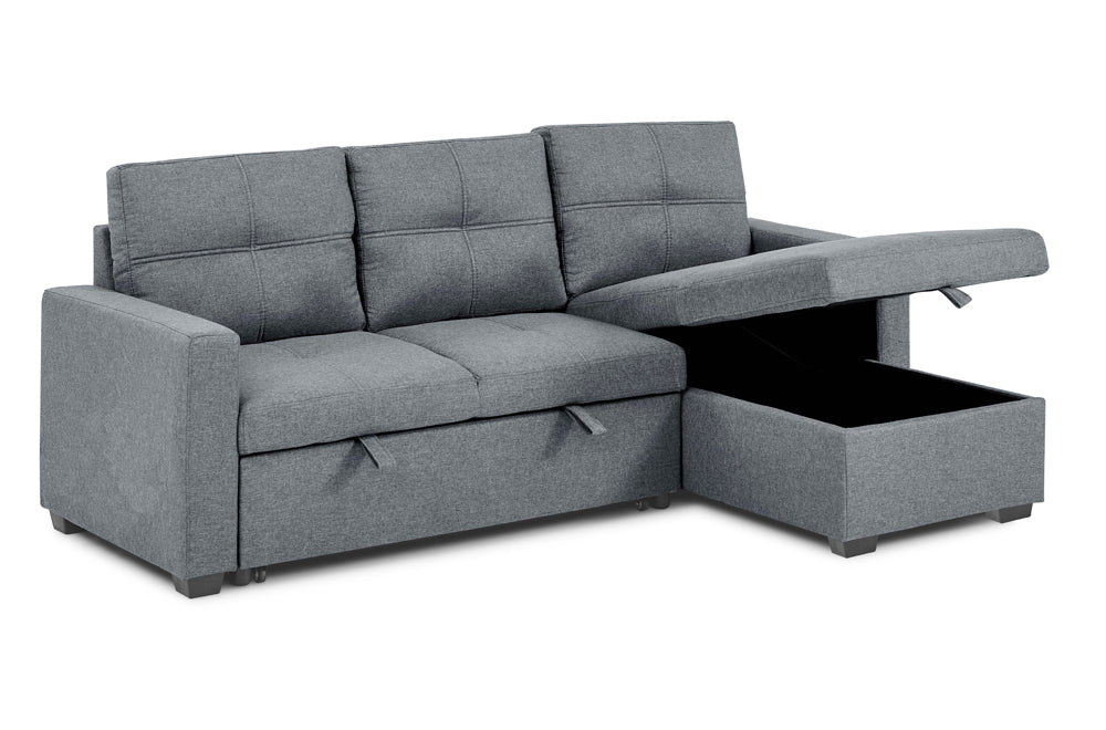 (1247 GREY)- 84" LONG- REVERSIBLE- FABRIC SECTIONAL SOFA WITH PULL OUT BED