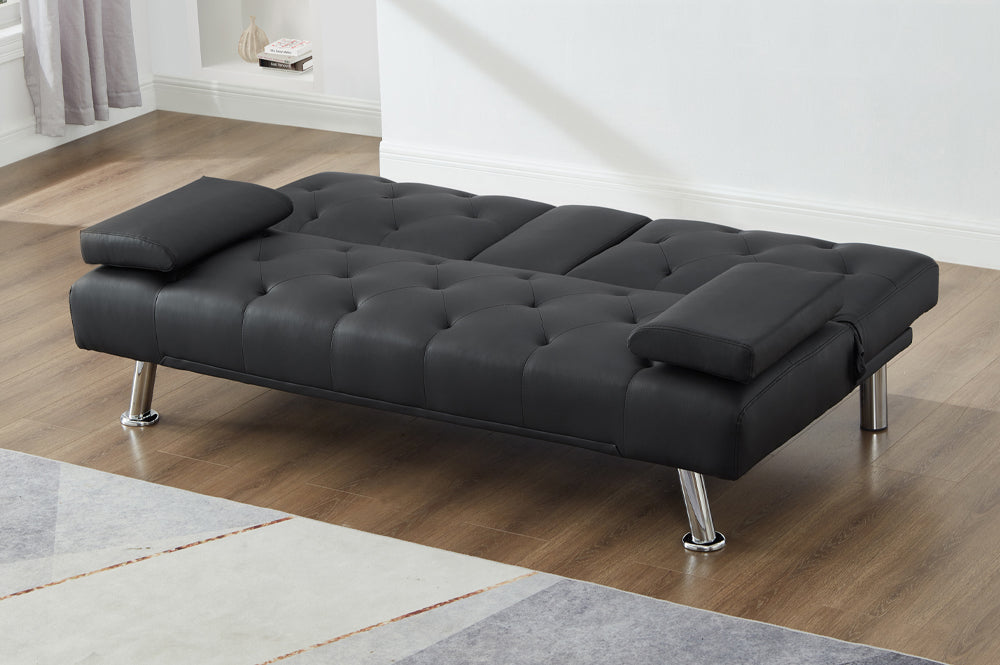 (1516 BLACK)- 67" LONG- LEATHER KLIK KLAK SOFA BED- WITH FOLD DOWN TRAY
