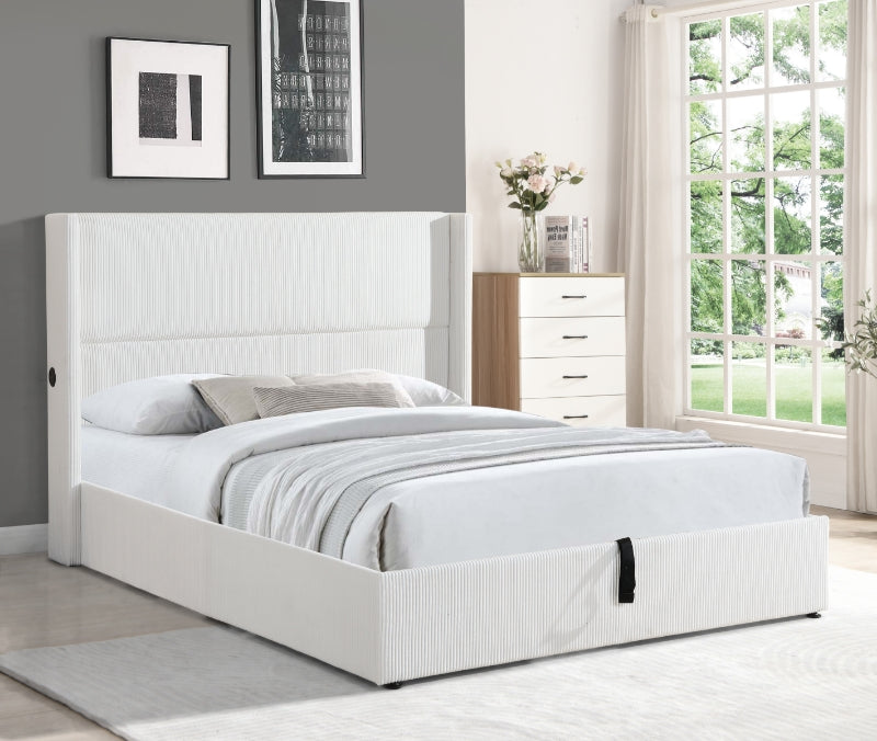 DOUBLE (FULL) SIZE- (2164 WHITE)- CORDUROY FABRIC BED FRAME IN A BOX- WITH LIFT UP STORAGE