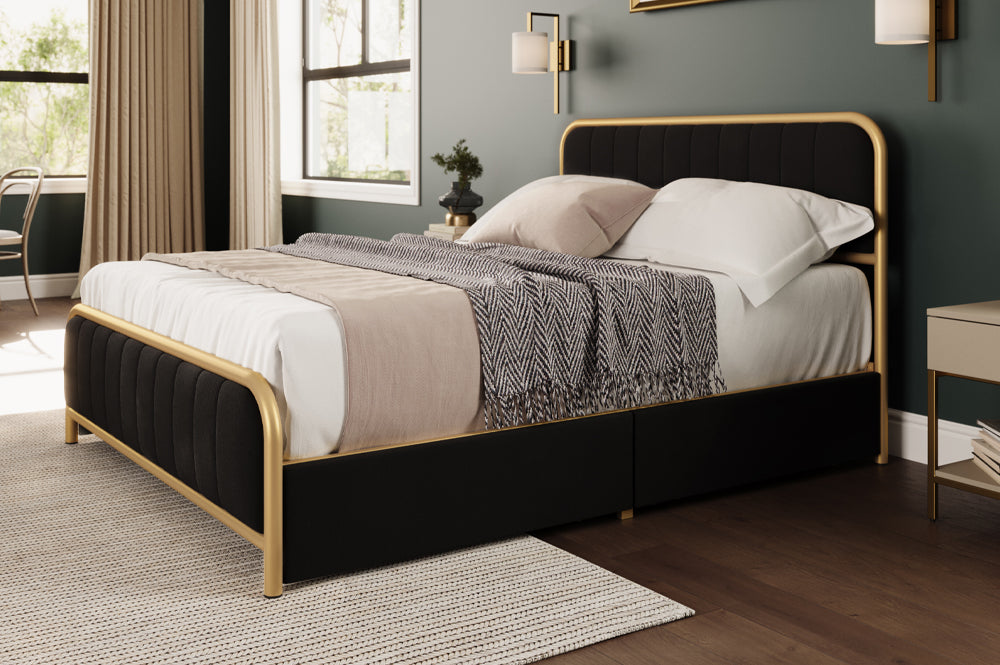 QUEEN SIZE- (2334 BLACK)- VELVET FABRIC BED FRAME- WITH 4 DRAWERS- WITH SLATS