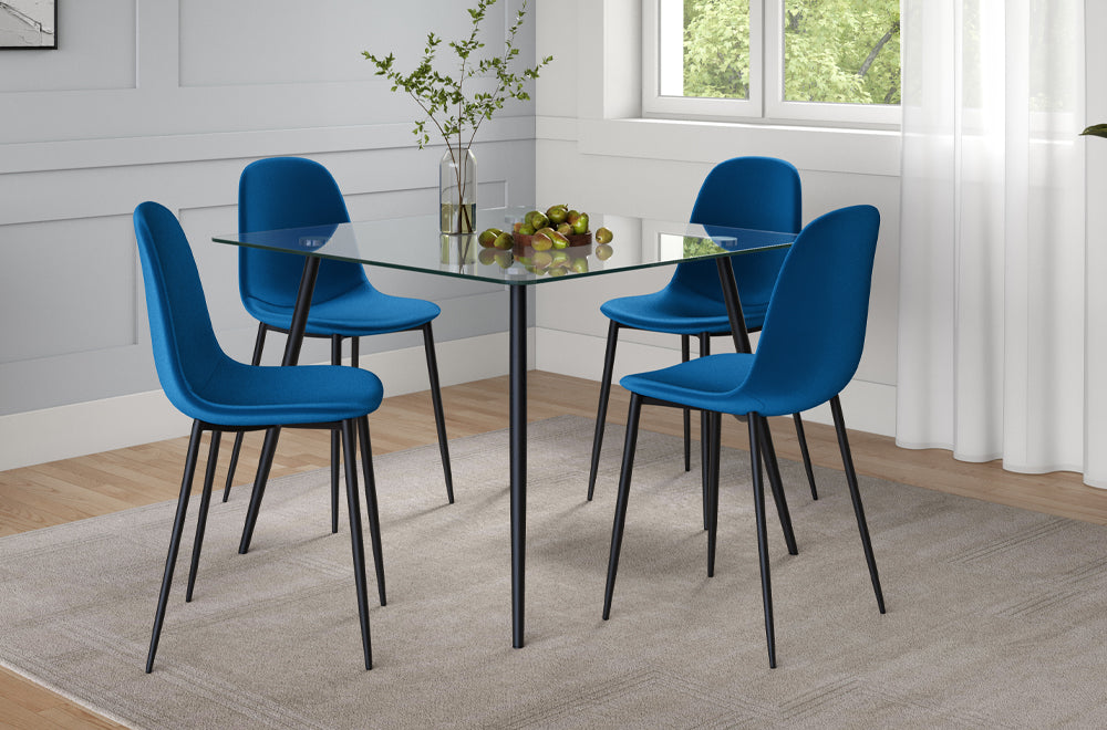 (3476- 215 BLUE- 5)- 40" SQUARE GLASS DINING TABLE- WITH 4 CHAIRS- OUT OF STOCK UNTIL NOVEMBER 15, 2025