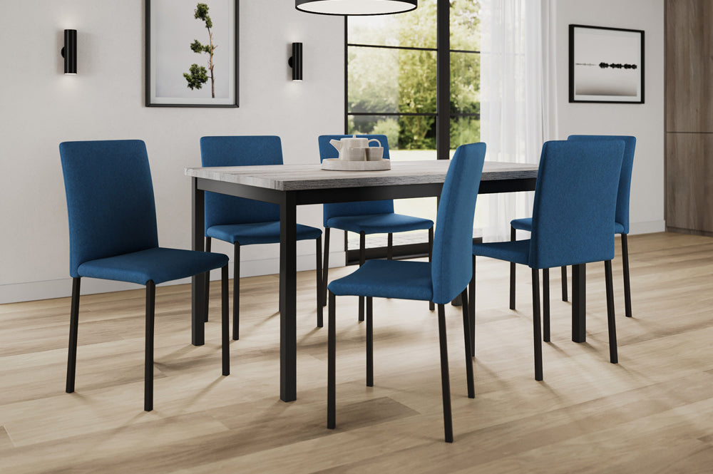 (3722- 3261 BLUE- 7)- 60" LONG- WOOD DINING TABLE- WITH 6 FABRIC CHAIRS