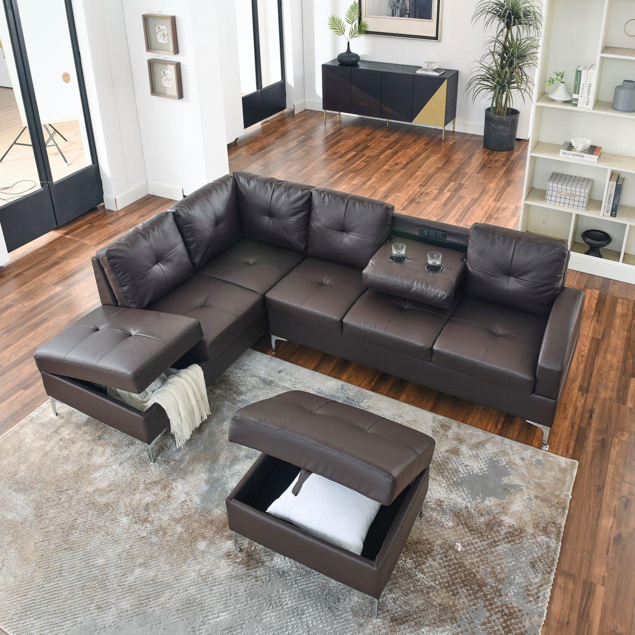 (6177 ESPRESSO LHF)- LEATHER SECTIONAL SOFA- WITH OTTOMAN