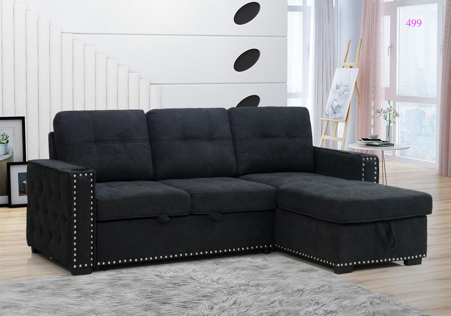 (401 NH MCDONALDS BLACK)- FABRIC- REVERSIBLE SECTIONAL SOFA- WITH PULL OUT BED