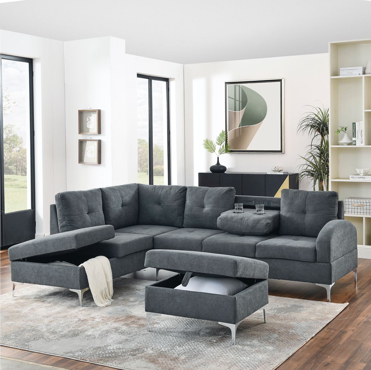 Dark grey sectional store with ottoman