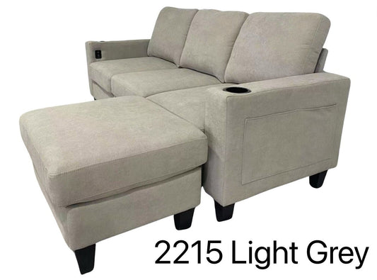 (2215 LIGHT GREY)- REVERSIBLE- FABRIC SECTIONAL SOFA- WITH USB PORT AND SIDE POCKET