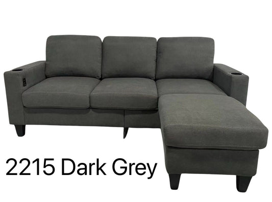 (2215 DARK GREY)- REVERSIBLE- FABRIC SECTIONAL SOFA- WITH USB PORT AND SIDE POCKET