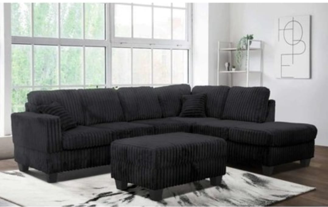 (1108 BLACK)- REVERSIBLE- CORDUROY SECTIONAL SOFA- WITH STORAGE OTTOMAN- TEXT OR WHATSAPP 416 319 8851 FOR STOCK AVAILABILITY BEFORE PAYING