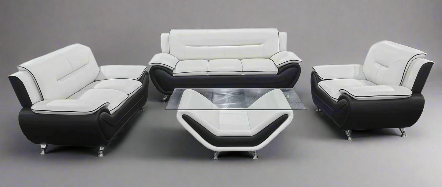 (FELIX WHITE AND BLACK)- LEATHER SOFA + LOVESEAT + CHAIR- TEXT OR WHATSAPP 416 319 8851 FOR STOCK AVAILABILITY BEFORE PAYING