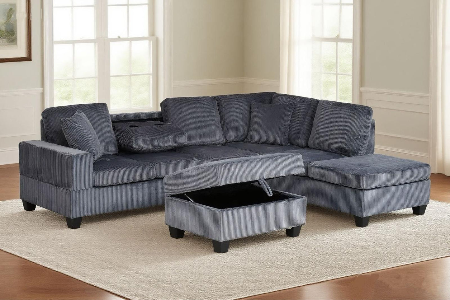 (107 GREY)- REVERSIBLE- CORDUROY SECTIONAL SOFA- WITH DROP DOWN TRAY AND STORAGE OTTOMAN- TEXT OR WHATSAPP 416 319 8851 FOR STOCK AVAILABILITY BEFORE PAYING