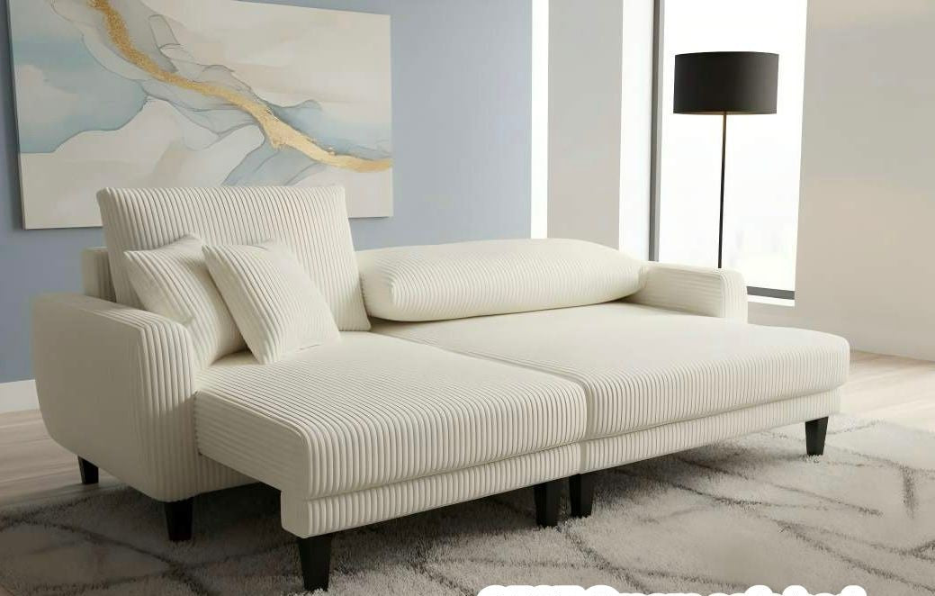 (2507 CREAM)- 91" LONG- REVERSIBLE- CORDUROY FABRIC SECTIONAL SOFA WITH PULL OUT BED