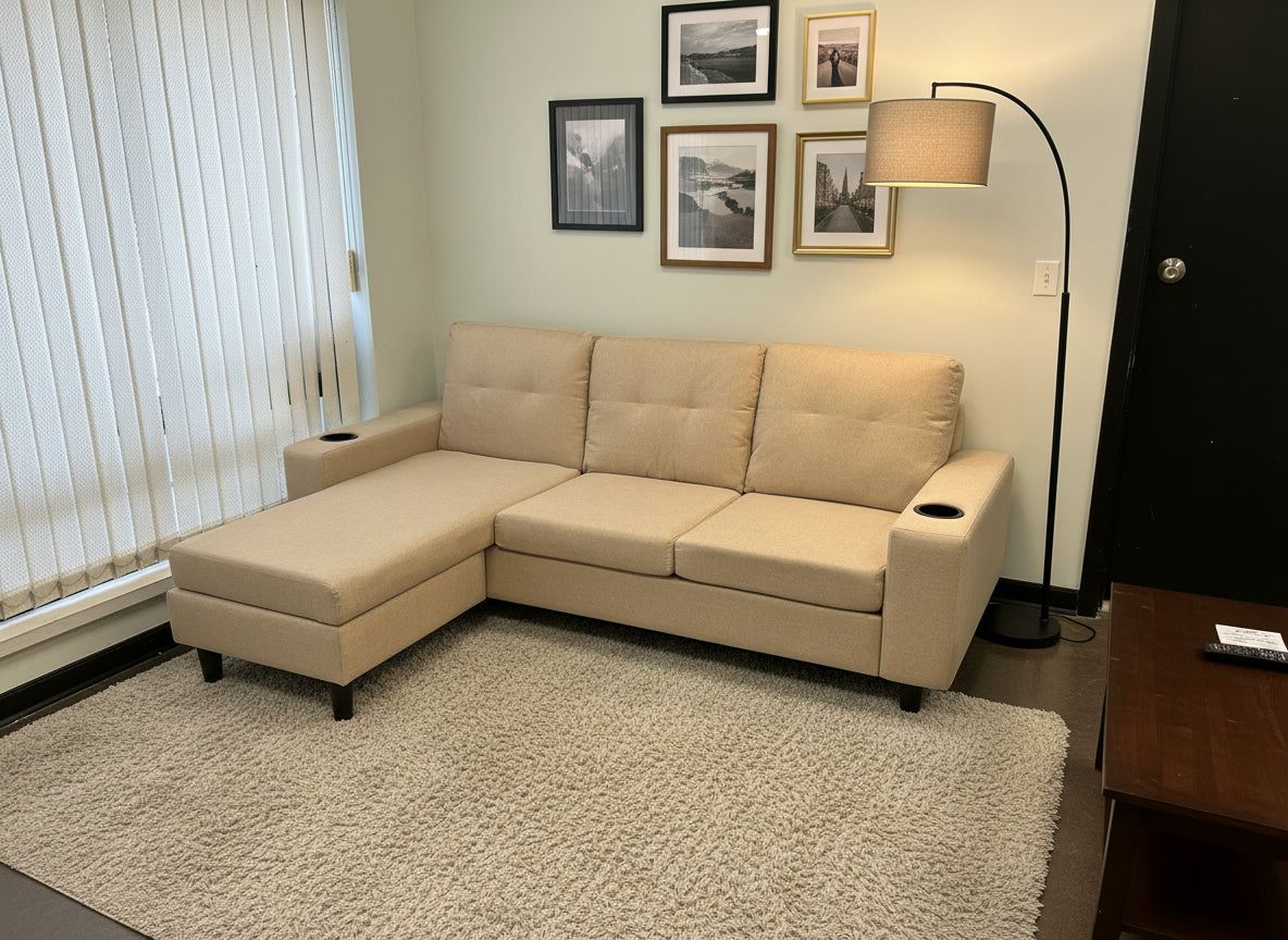(1867 BEIGE)- 75" LONG- REVERSIBLE- LINEN FABRIC SECTIONAL SOFA