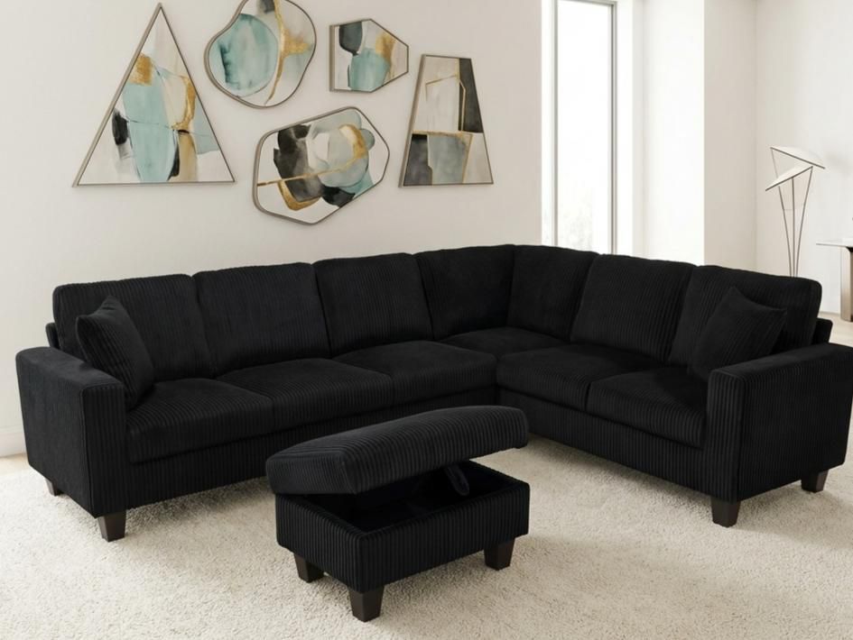 (2509 BLACK)- REVERSIBLE- CORDUROY SECTIONAL SOFA- WITH STORAGE OTTOMAN- TEXT OR WHATSAPP 416 319 8851 FOR STOCK AVAILABILITY BEFORE PAYING