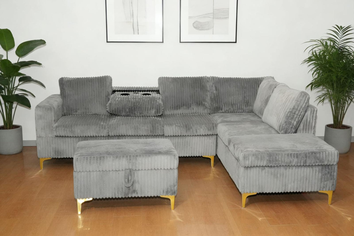 (106 GREY)- REVERSIBLE- CORDUROY SECTIONAL SOFA- WITH STORAGE OTTOMAN- TEXT OR WHATSAPP 416 319 8851 FOR STOCK AVAILABILITY BEFORE PAYING