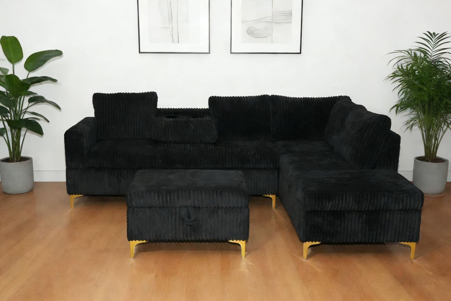 (106 BLACK)- REVERSIBLE- CORDUROY SECTIONAL SOFA- WITH STORAGE OTTOMAN- TEXT OR WHATSAPP 416 319 8851 FOR STOCK AVAILABILITY BEFORE PAYING
