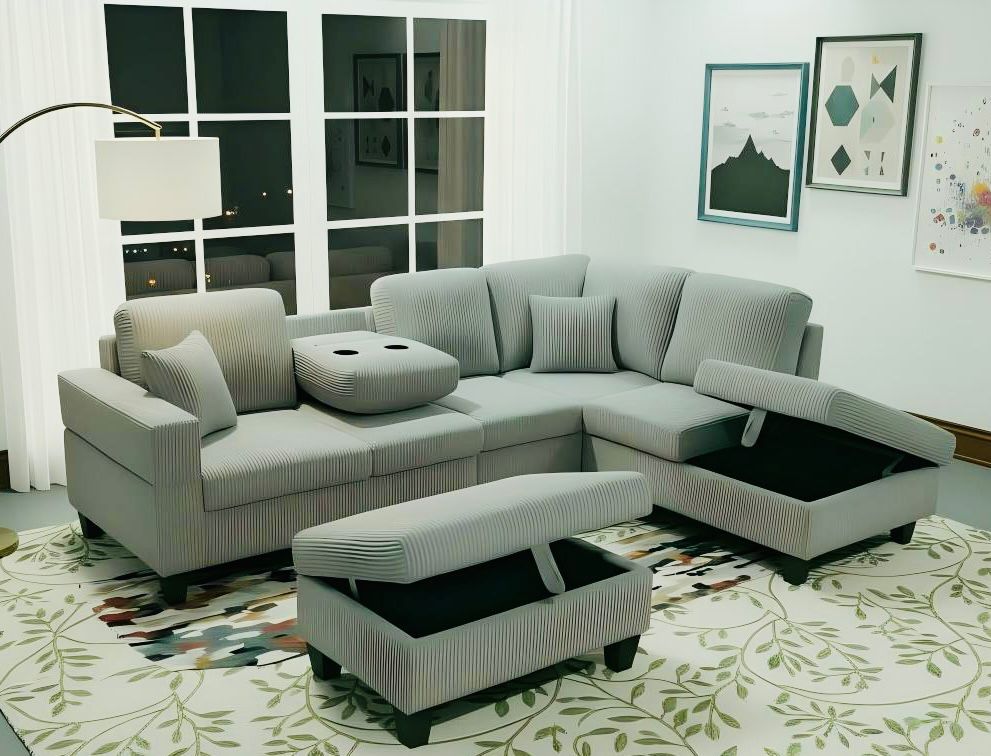 (2510 GREY)- REVERSIBLE- CORDUROY SECTIONAL SOFA- WITH STORAGE OTTOMAN- TEXT OR WHATSAPP 416 319 8851 FOR STOCK AVAILABILITY BEFORE PAYING
