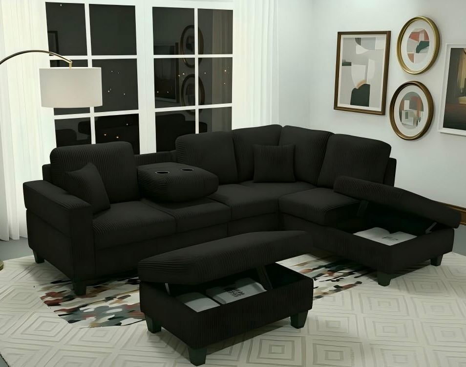(2510 BLACK)- REVERSIBLE- CORDUROY SECTIONAL SOFA- WITH STORAGE OTTOMAN- TEXT OR WHATSAPP 416 319 8851 FOR STOCK AVAILABILITY BEFORE PAYING