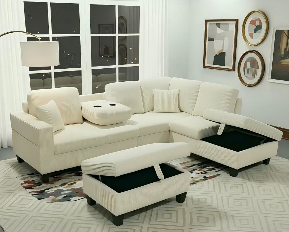 (2510 BEIGE)- REVERSIBLE- CORDUROY SECTIONAL SOFA- WITH STORAGE OTTOMAN- TEXT OR WHATSAPP 416 319 8851 FOR STOCK AVAILABILITY BEFORE PAYING