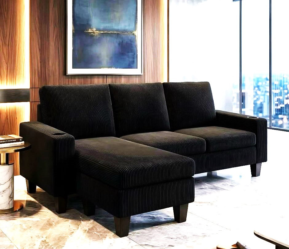 (2602 BLACK)- 75" LONG- REVERSIBLE- 3 SEATER CORDUROY FABRIC SECTIONAL SOFA