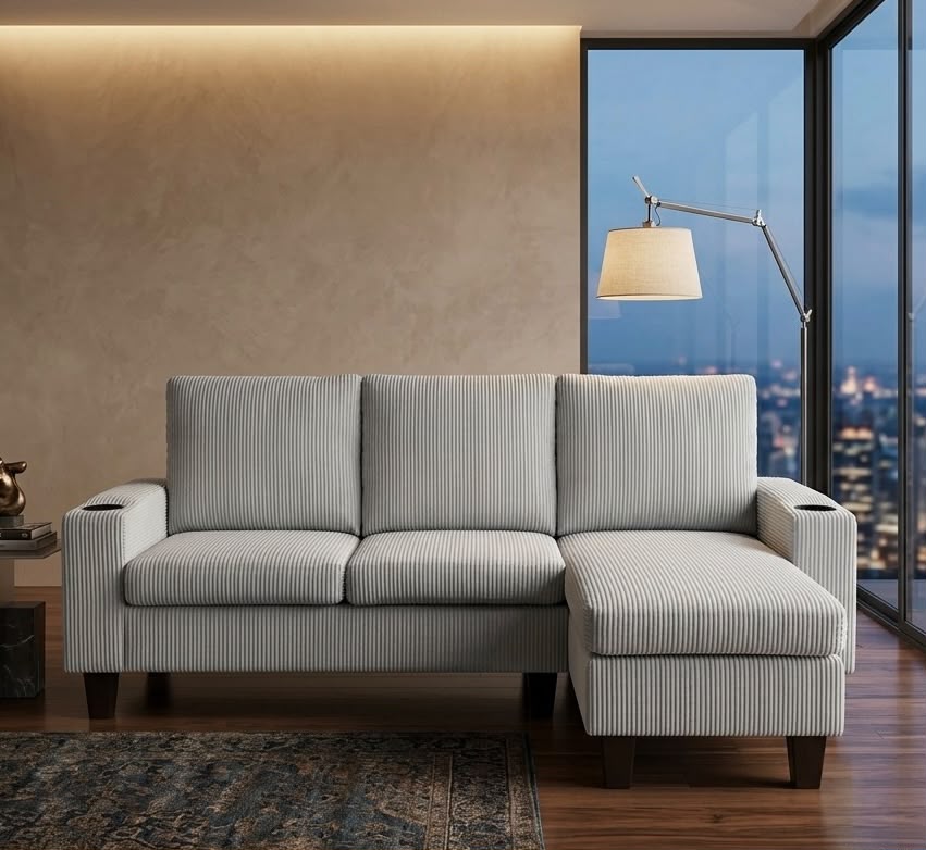 (2602 GREY)- 75" LONG- REVERSIBLE- 3 SEATER CORDUROY FABRIC SECTIONAL SOFA