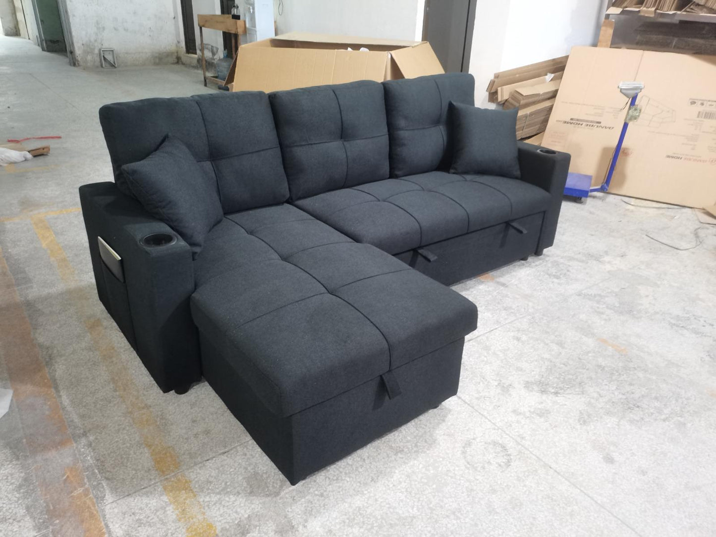 (802 BLACK)- 85" LONG- REVERSIBLE- FABRIC SECTIONAL SOFA WITH PULL OUT BED AND STORAGE- TEXT OR WHATSAPP 416 319 8851 FOR STOCK AVAILABILITY BEFORE PAYING