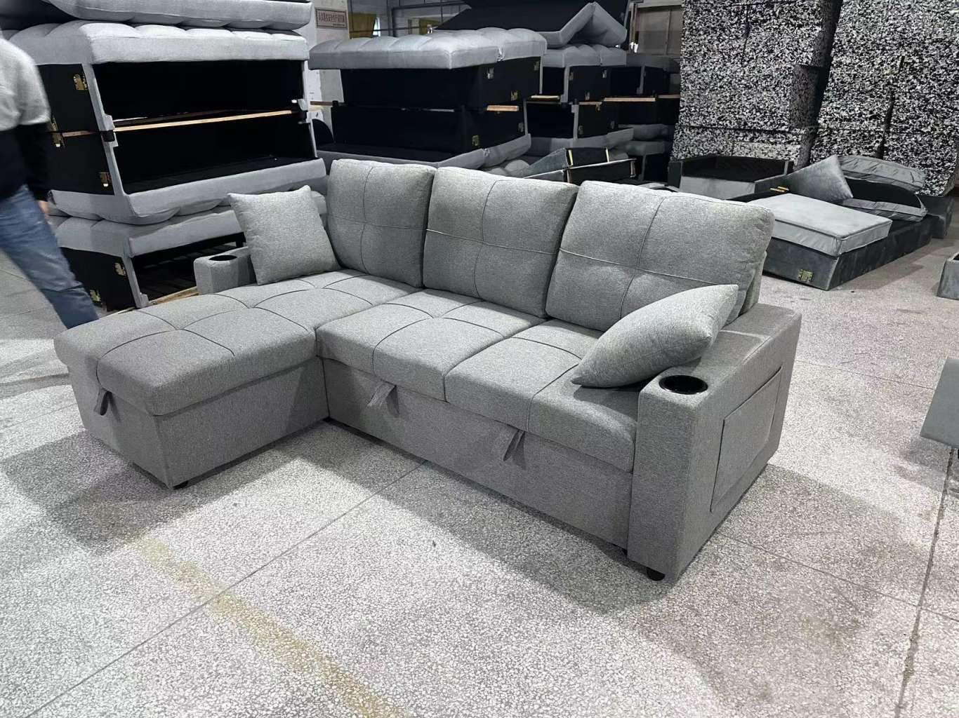 (802 GREY)- 85" LONG- REVERSIBLE- FABRIC SECTIONAL SOFA WITH PULL OUT BED AND STORAGE- TEXT OR WHATSAPP 416 319 8851 FOR STOCK AVAILABILITY BEFORE PAYING