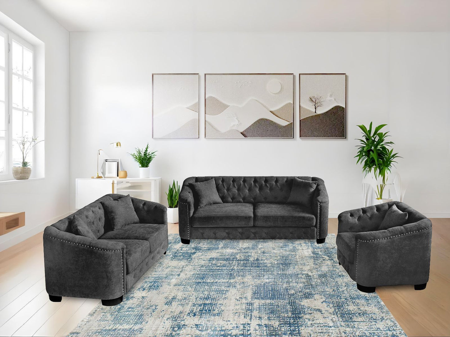 (2408 BLACK SLC)- FABRIC- SOFA + LOVESEAT + CHAIR- TEXT OR WHATSAPP 416 319 8851 FOR STOCK AVAILABILITY BEFORE PAYING