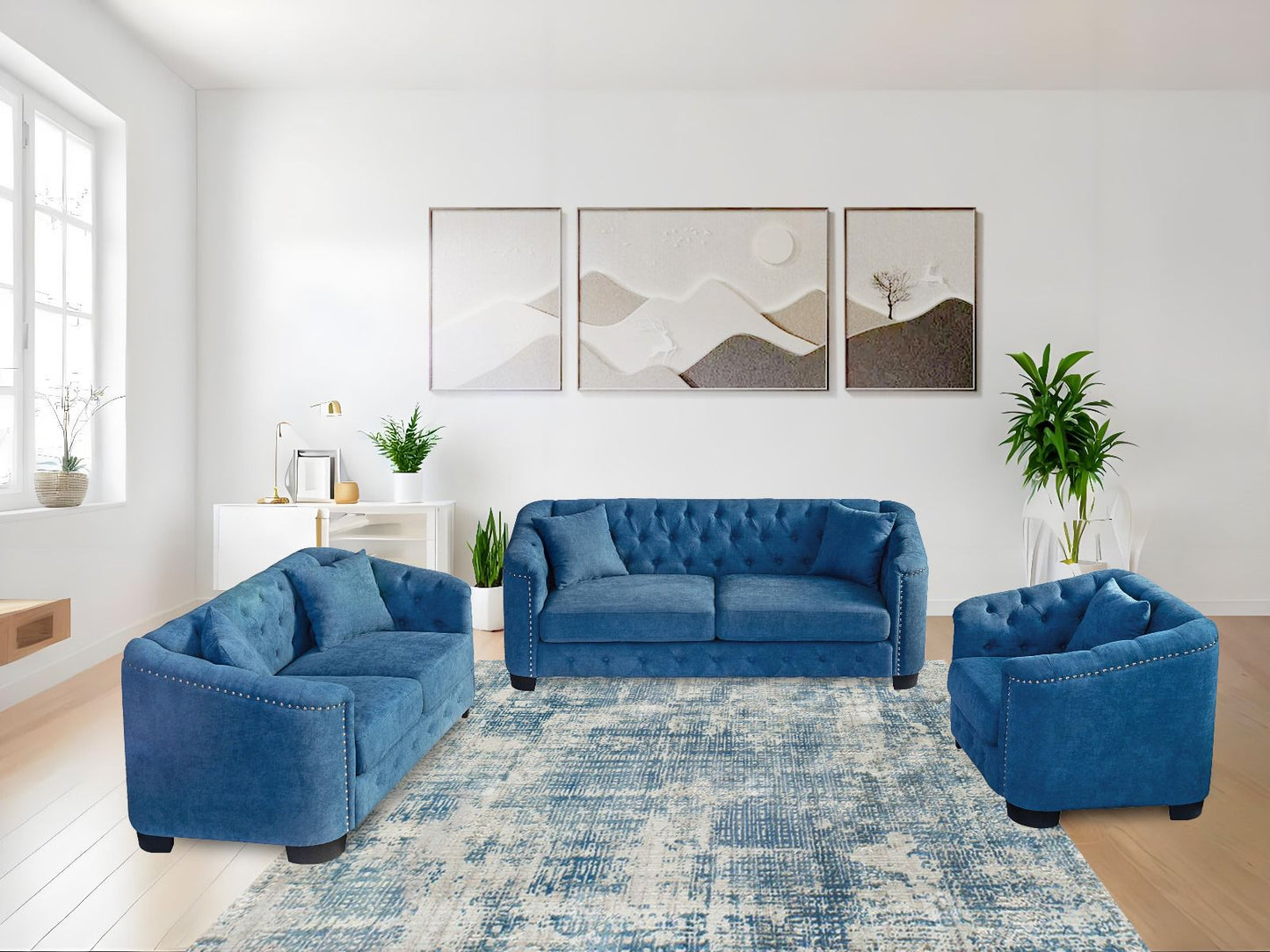 (2408 BLUE SLC)- FABRIC- SOFA + LOVESEAT + CHAIR- TEXT OR WHATSAPP 416 319 8851 FOR STOCK AVAILABILITY BEFORE PAYING