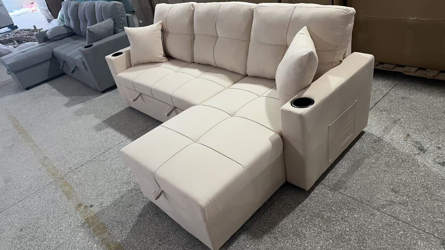 (802 BEIGE)- 85" LONG- REVERSIBLE- FABRIC SECTIONAL SOFA- WITH PULL OUT BED AND STORAGE- TEXT OR WHATSAPP 416 319 8851 FOR STOCK AVAILABILITY BEFORE PAYING