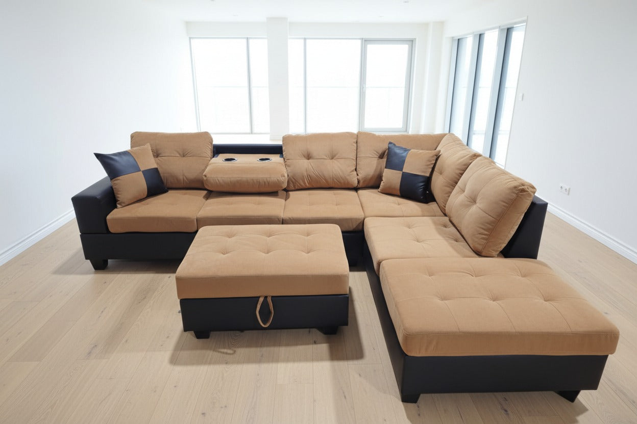 (ROMA LIGHT BROWN VELVET)- REVERSIBLE- SECTIONAL SOFA- WITH STORAGE OTTOMAN- TEXT OR WHATSAPP 416 319 8851 FOR STOCK AVAILABILITY BEFORE PAYING