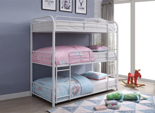 TWIN/ TWIN/ TWIN- (505 WHITE)- 3 LEVEL METAL BUNK BED- WITH SLATTED PLATFORM
