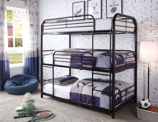 TWIN/ TWIN/ TWIN- (503 BLACK)- 3 LEVEL METAL BUNK BED- WITH SLATTED PLATFORM