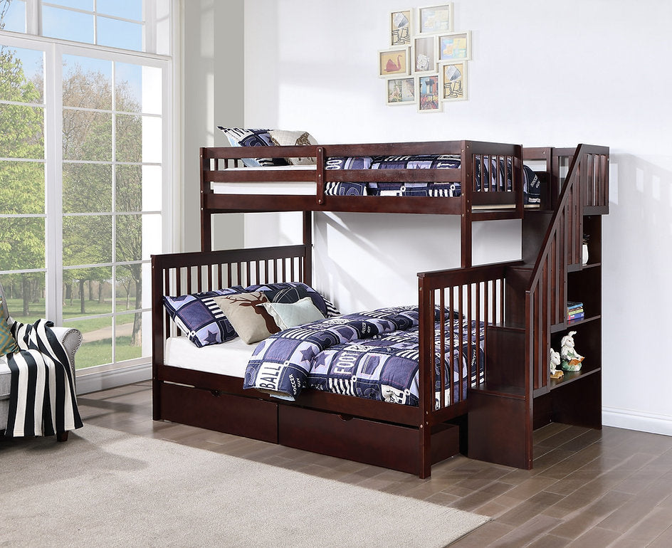 TWIN/ DOUBLE- (1850 ESPRESSO- 2 WITH DRAWERS)- WOOD- REVERSIBLE STAIRCASE BUNK BED- WITH SLATS
