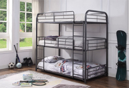 TWIN/ TWIN/ TWIN- (504 GREY)- 3 LEVEL METAL BUNK BED- WITH SLATTED PLATFORM