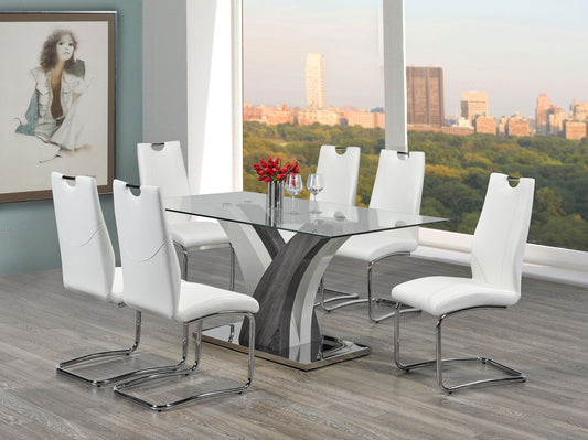 (790 WHITE- 7)- 63" LONG- GLASS DINING TABLE - WITH 6 CHAIRS
