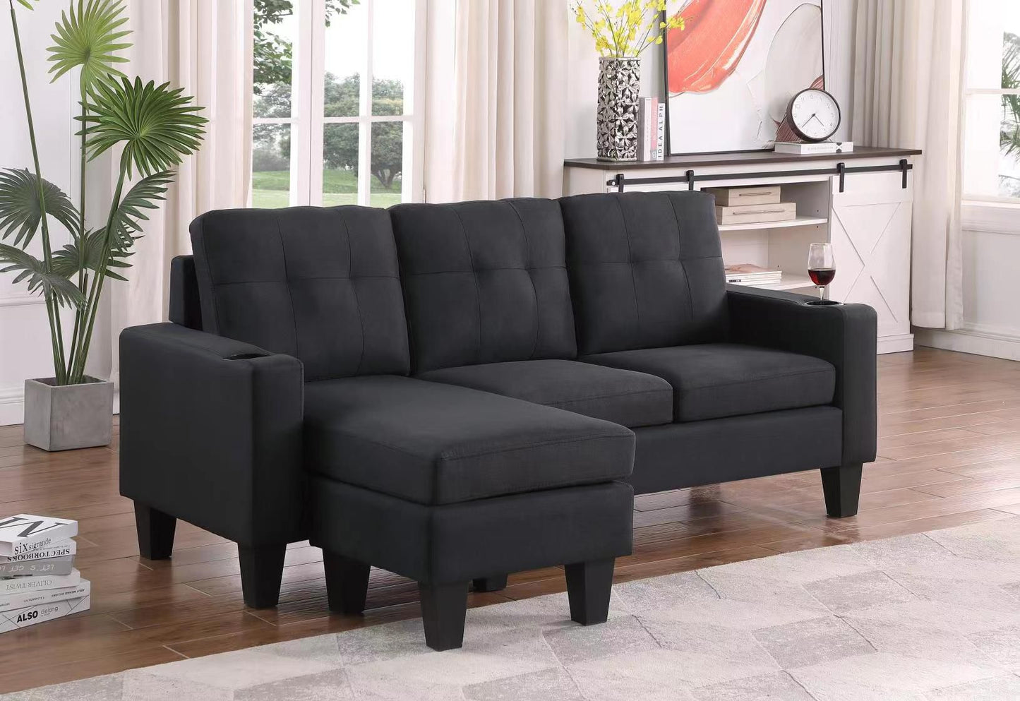 (ROBYN CHARCOAL BLACK)- REVERSIBLE- FABRIC SECTIONAL SOFA