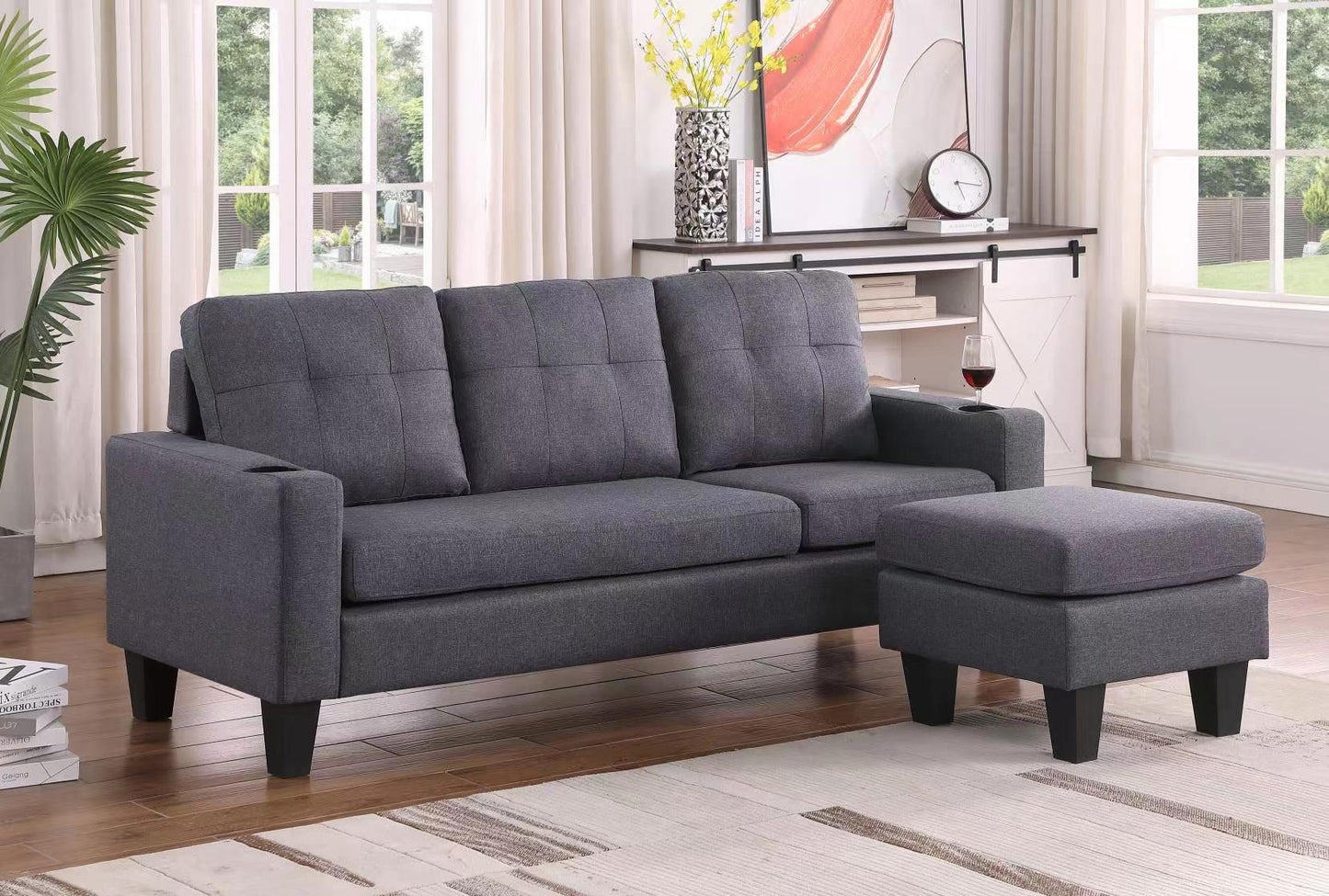 (ROBYN GREY LINEN FABRIC)- REVERSIBLE- FABRIC SECTIONAL SOFA