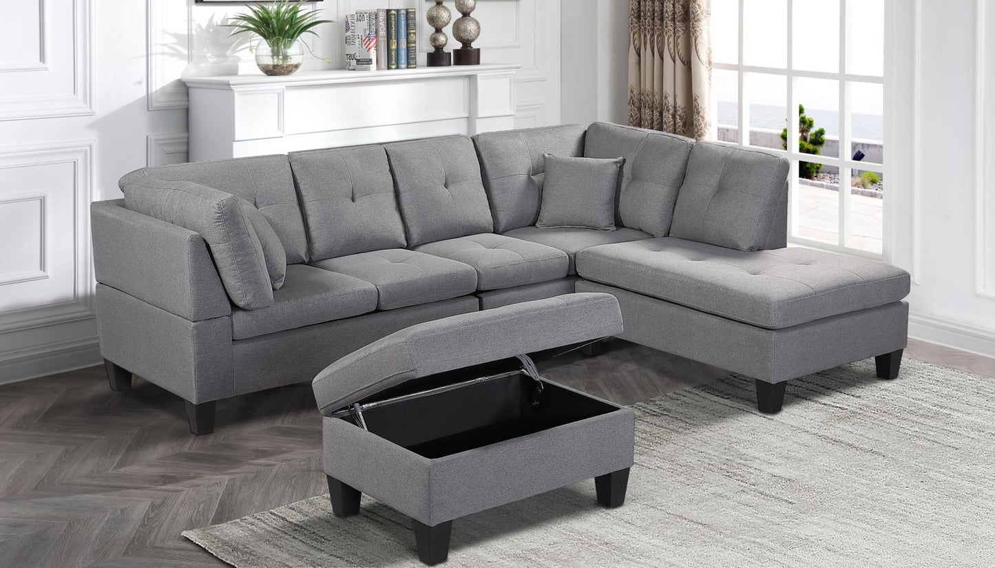 (1012 GREY)- REVERSIBLE- FABRIC SECTIONAL SOFA- WITH STORAGE OTTOMAN
