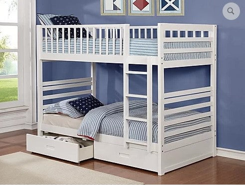 TWIN/ TWIN- (110 WHITE)- WOOD BUNK BED- WITH DRAWERS