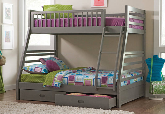 TWIN/ DOUBLE- (117 GREY)- WOOD BUNK BED- WITH DRAWERS