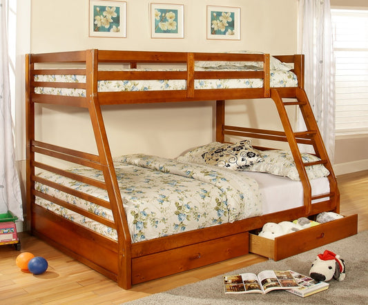 TWIN/ DOUBLE- (117 HONEY OAK)- WOOD BUNK BED- WITH DRAWERS