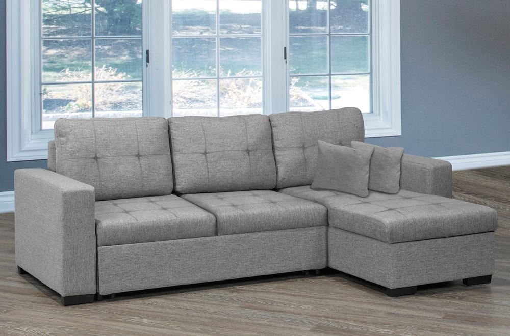 (1245 GREY)- 91" LONG- REVERSIBLE- FABRIC SECTIONAL SOFA- WITH PULL OUT BED