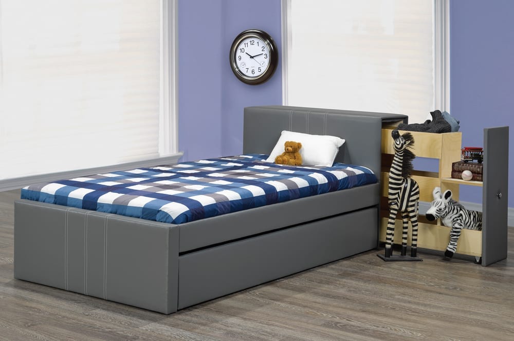 TWIN (SINGLE) SIZE- (128R GREY)- LEATHER- CANADIAN MADE- BED FRAME- WITH STORAGE- WITH TRUNDLE- (DELIVERY AFTER 4 WEEKS)