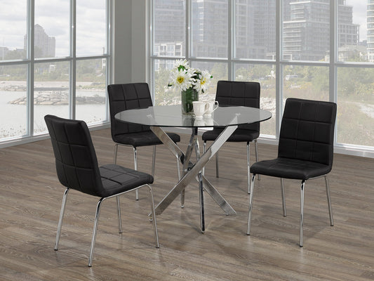 (1447- 1760 BLACK- 5)- 44" ROUND- GLASS DINING TABLE- WITH 4 CHAIRS